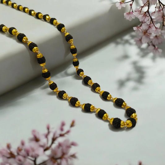 Gold-Plated Black Beads Rudraksha Mala