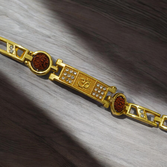 Elegant Gold-Plated Om Bracelet with Rudraksha Beads and Diamonds