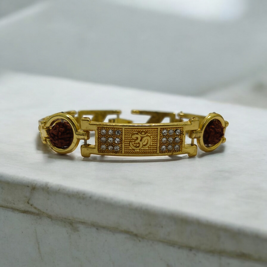Elegant Gold-Plated Om Bracelet with Rudraksha Beads and Diamonds