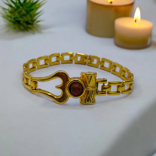 Elegant Gold Bracelet with Trishul and Rudraksh Bead