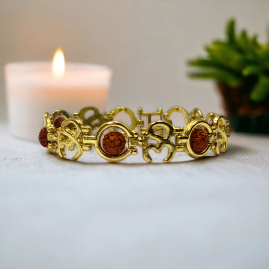 Divine Radiance Gold-Plated Rudraksh Bracelet with Om Inscription